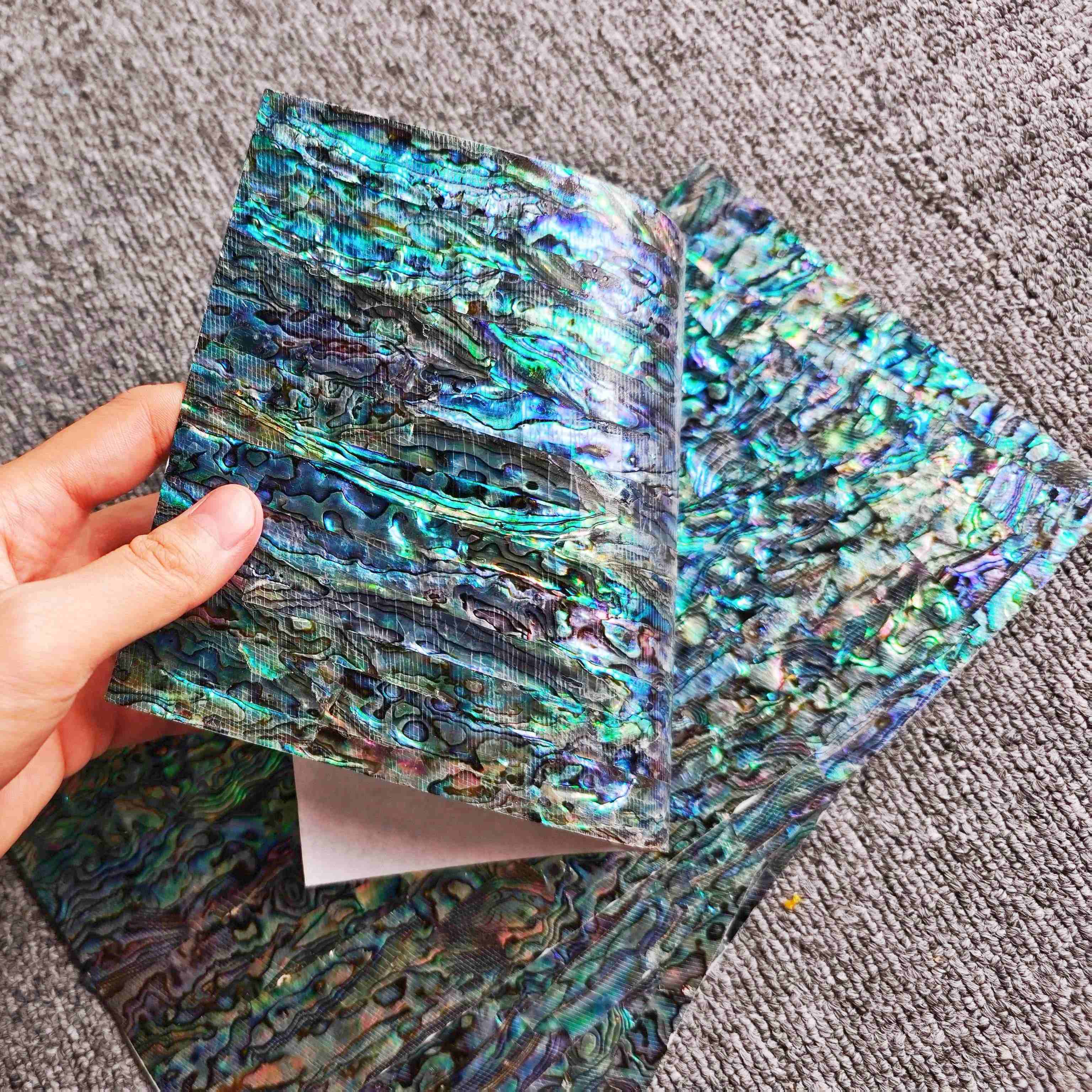 Natural flexible abalone with adhesive shell sheet